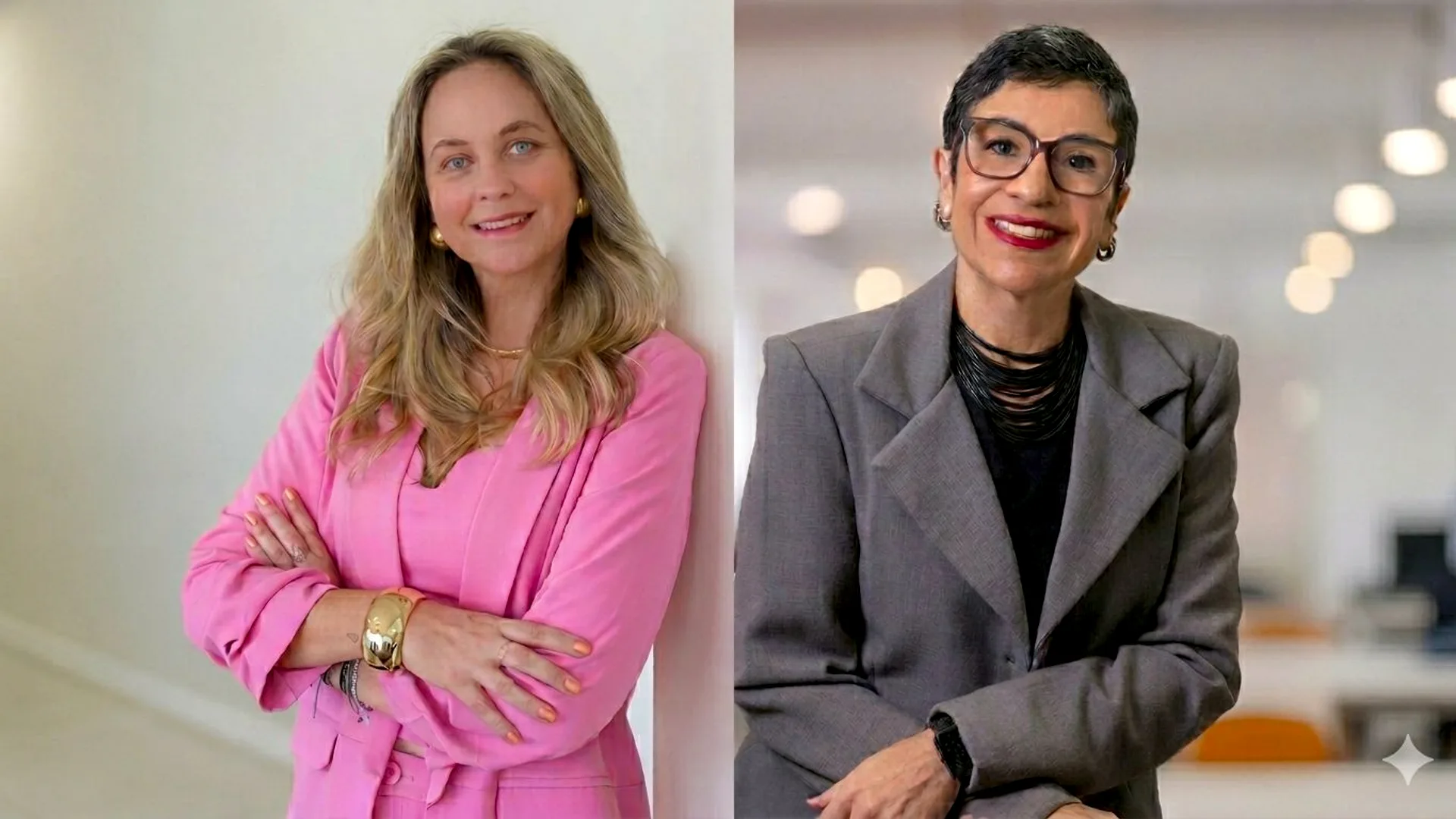Duas advogadas, uma loira de blazer rosa e outra de cabelo curto com óculos e blazer cinza, sorriem para a câmera.