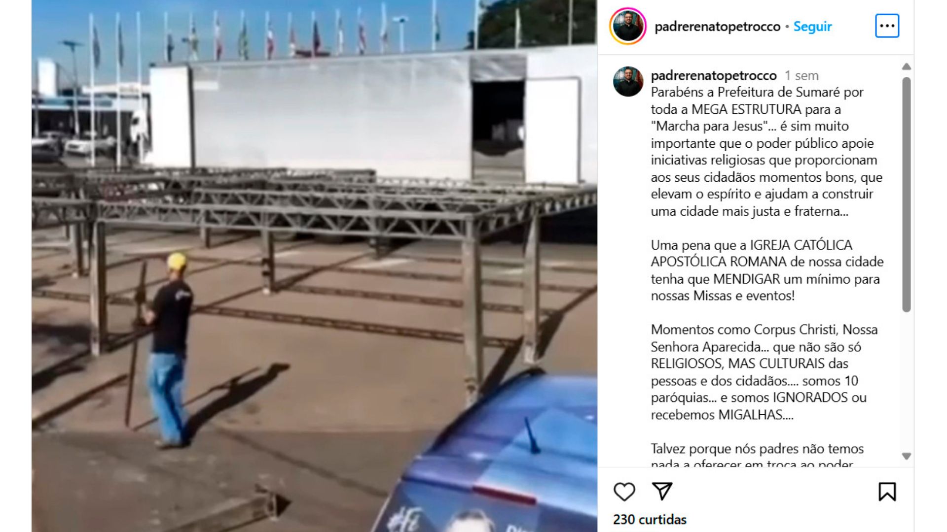 Padre Renato, do Picerno, usa redes sociais para criticar prefeitura na celebração do aniversário da cidade