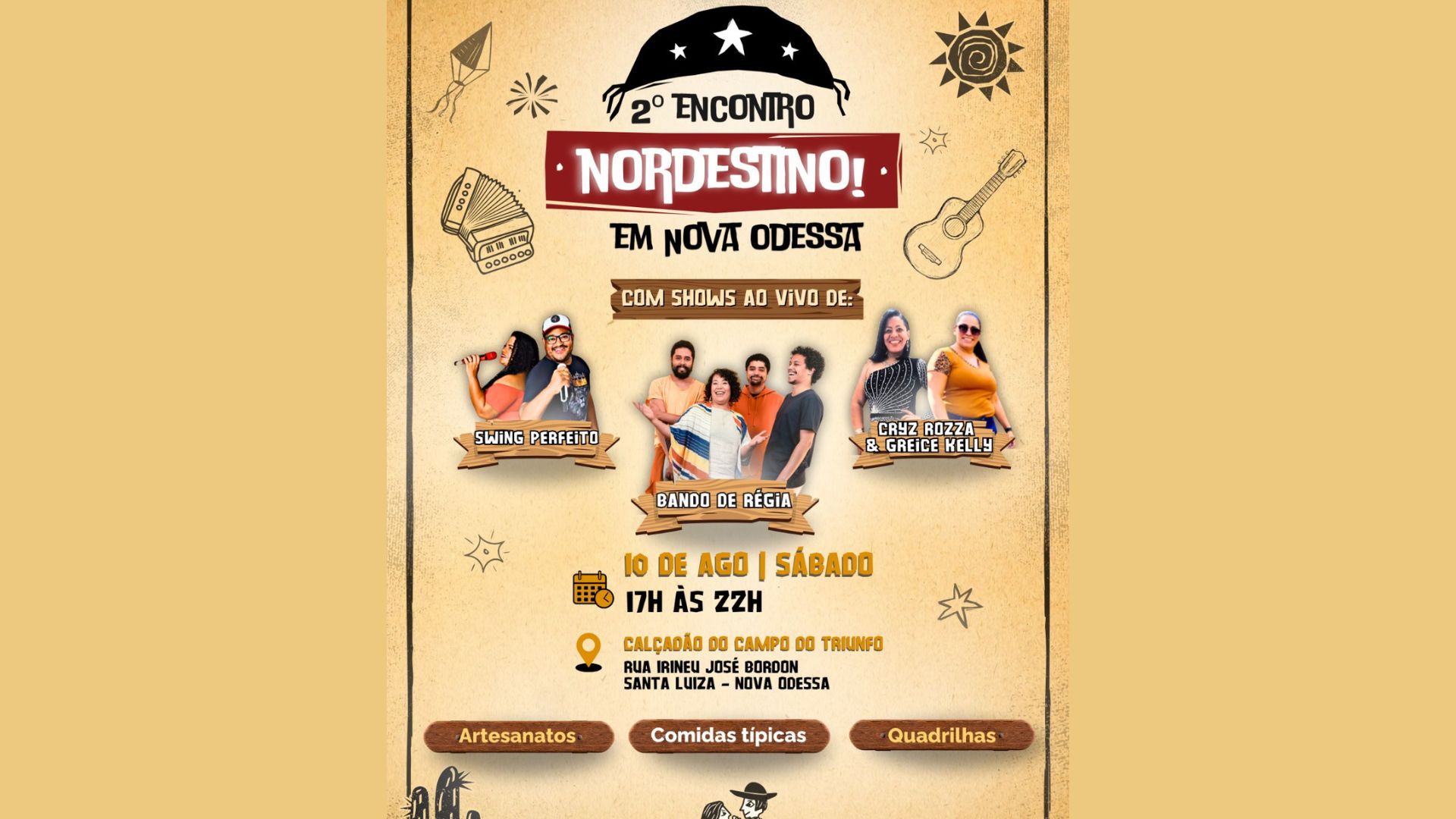 2º Encontro Nordestino neste sábado em Nova Odessa tem shows de Swing Perfeito, Bando de Régia e Cryz Rozza &amp; Greice Kelly