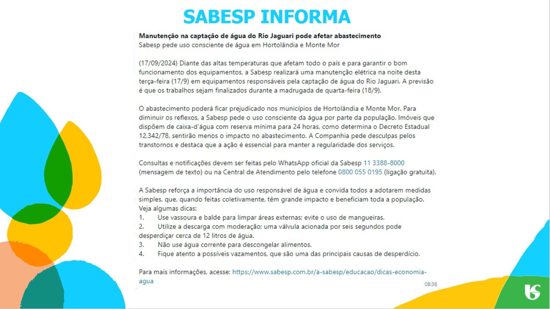 Sabesp Alerta para Uso Consciente da Água em Hortolândia Durante Manutenção