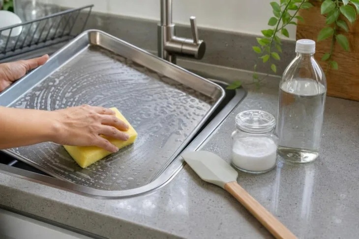 Pessoa lavando assadeira de inox na pia da cozinha com esponja macia, bicarbonato de sódio e vinagre