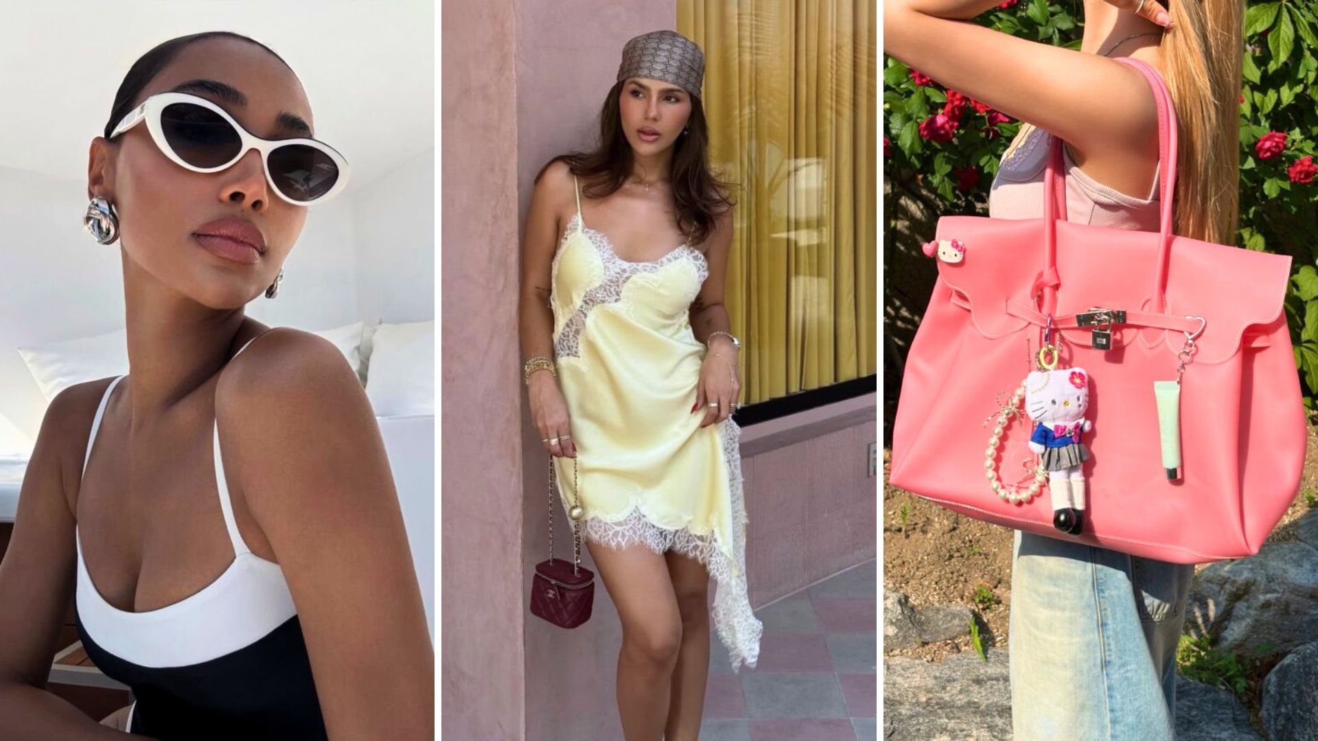 Tendências de acessórios de verão com óculos gatinho, lenço de cetim e bolsa jelly colorida
