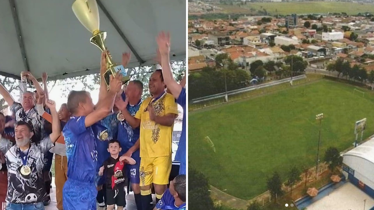 Jogadores do Unidos Boa Vista comemoram o título com troféu; ao lado, vista aérea de campo de futebol