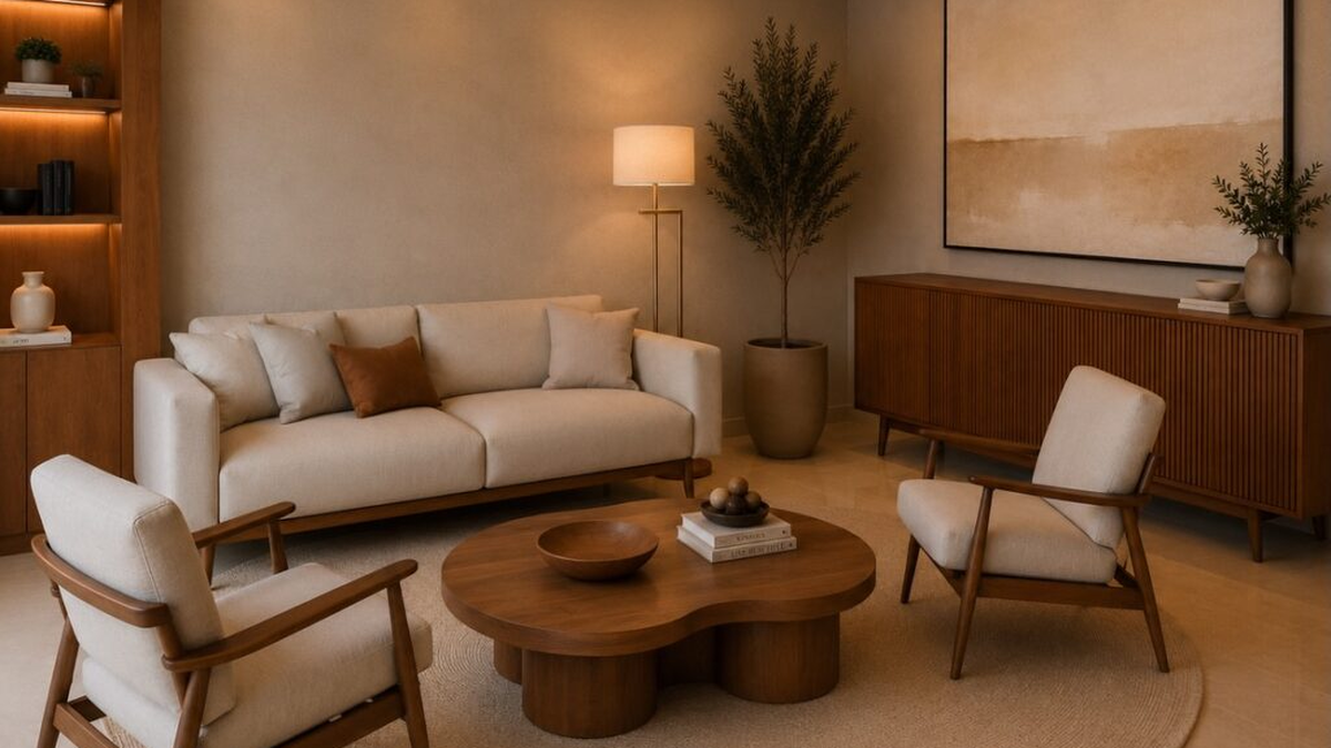 Sala de estar elegante com sofá e mesa de centro bem posicionada