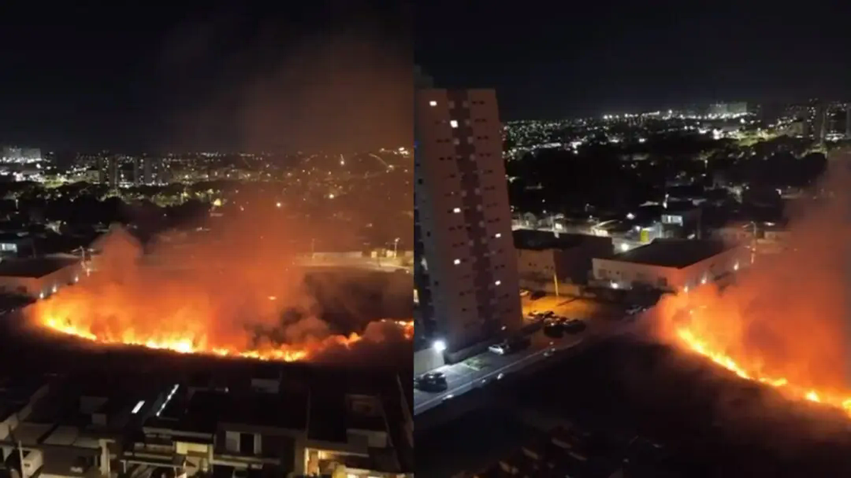 Chamas e fumaça atingem área de vegetação durante incêndio noturno em Hortolândia