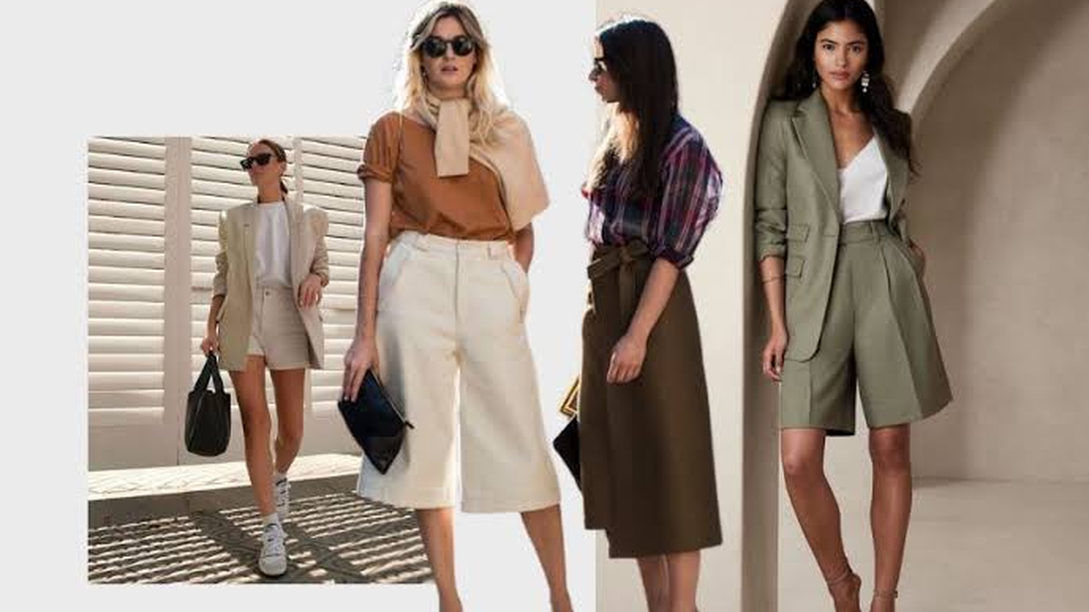 Modelo com look sofisticado de bermuda de alfaiataria e camisa leve
