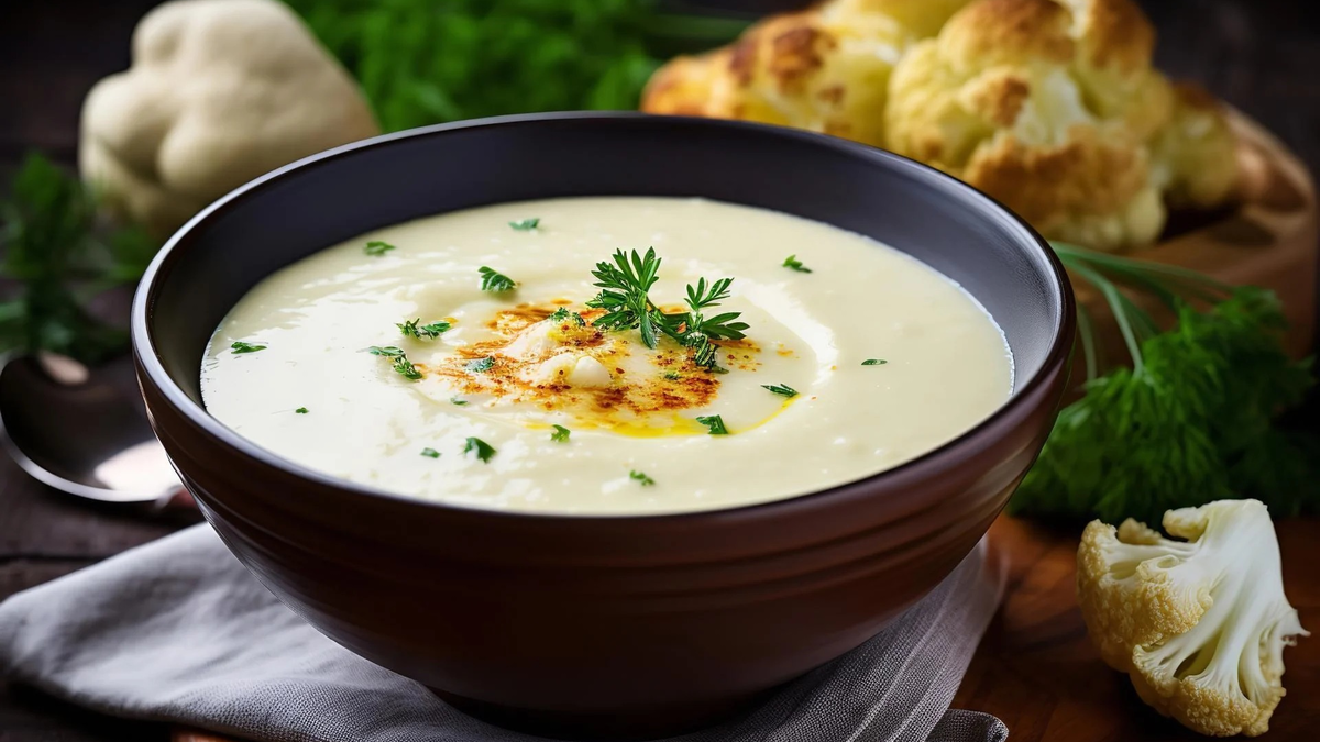 Tigela escura com sopa cremosa de couve-flor decorada com ervas frescas e azeite temperado