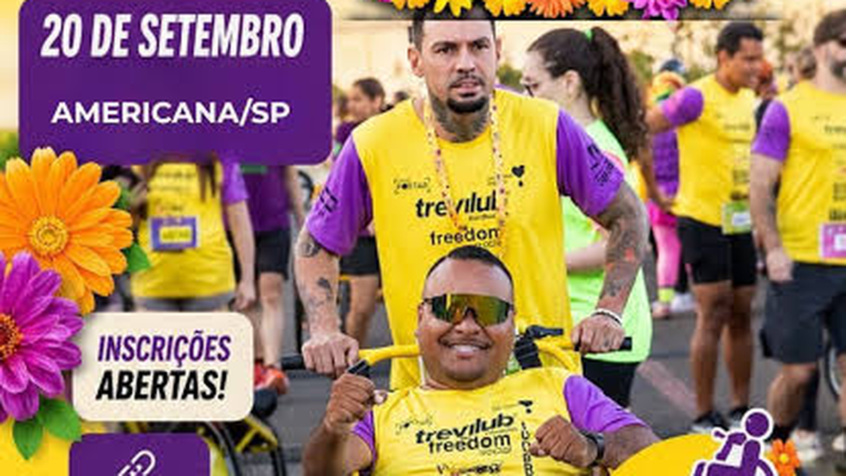 Participantes da Corrida Pernas da Alegria reunidos em prova esportiva inclusiva em Americana