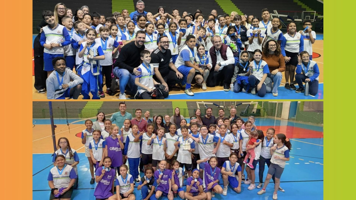 Estudantes e professores no pódio com medalhas e troféus dos Jogos Escolares no Ginásio Jaime Nércio Duarte em Nova Odessa