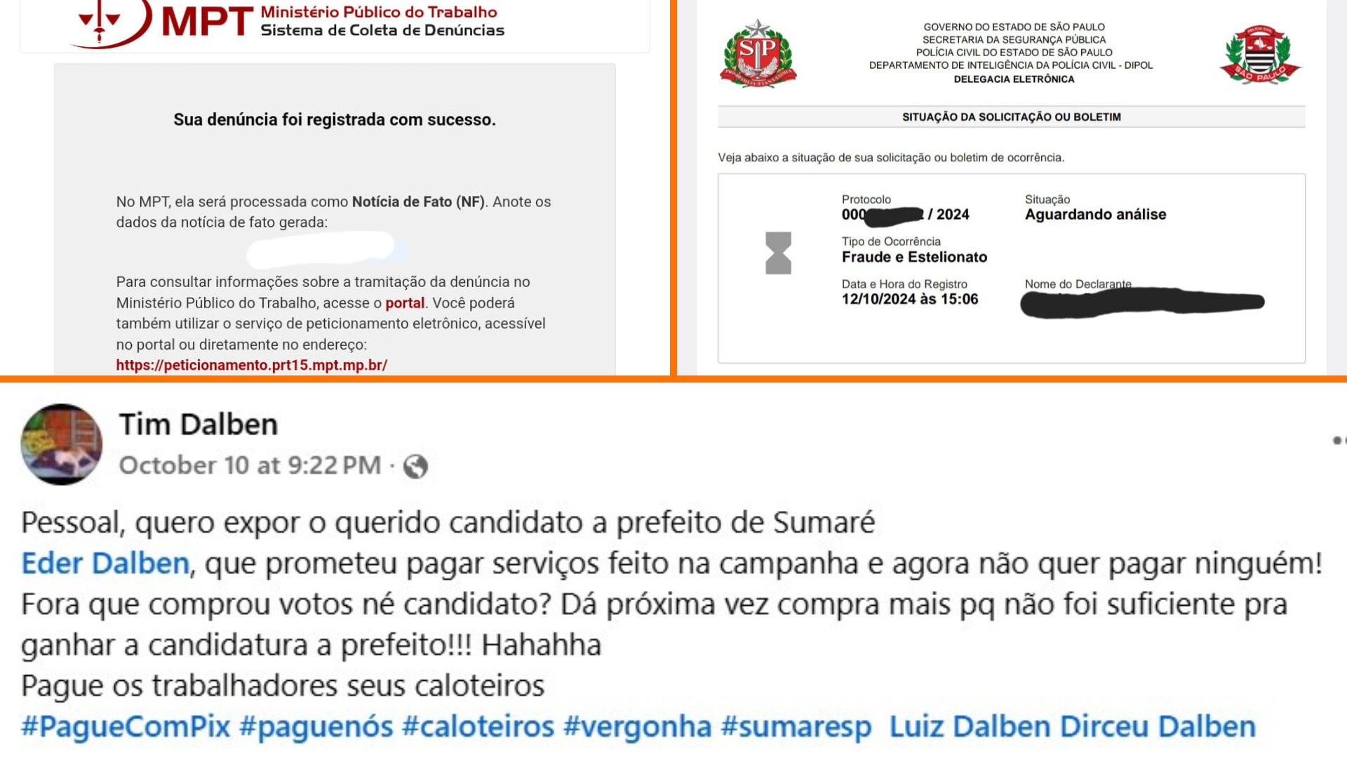 Colaborador da campanha do Dalben denuncia falta de pagamento na polícia e divulga na internet