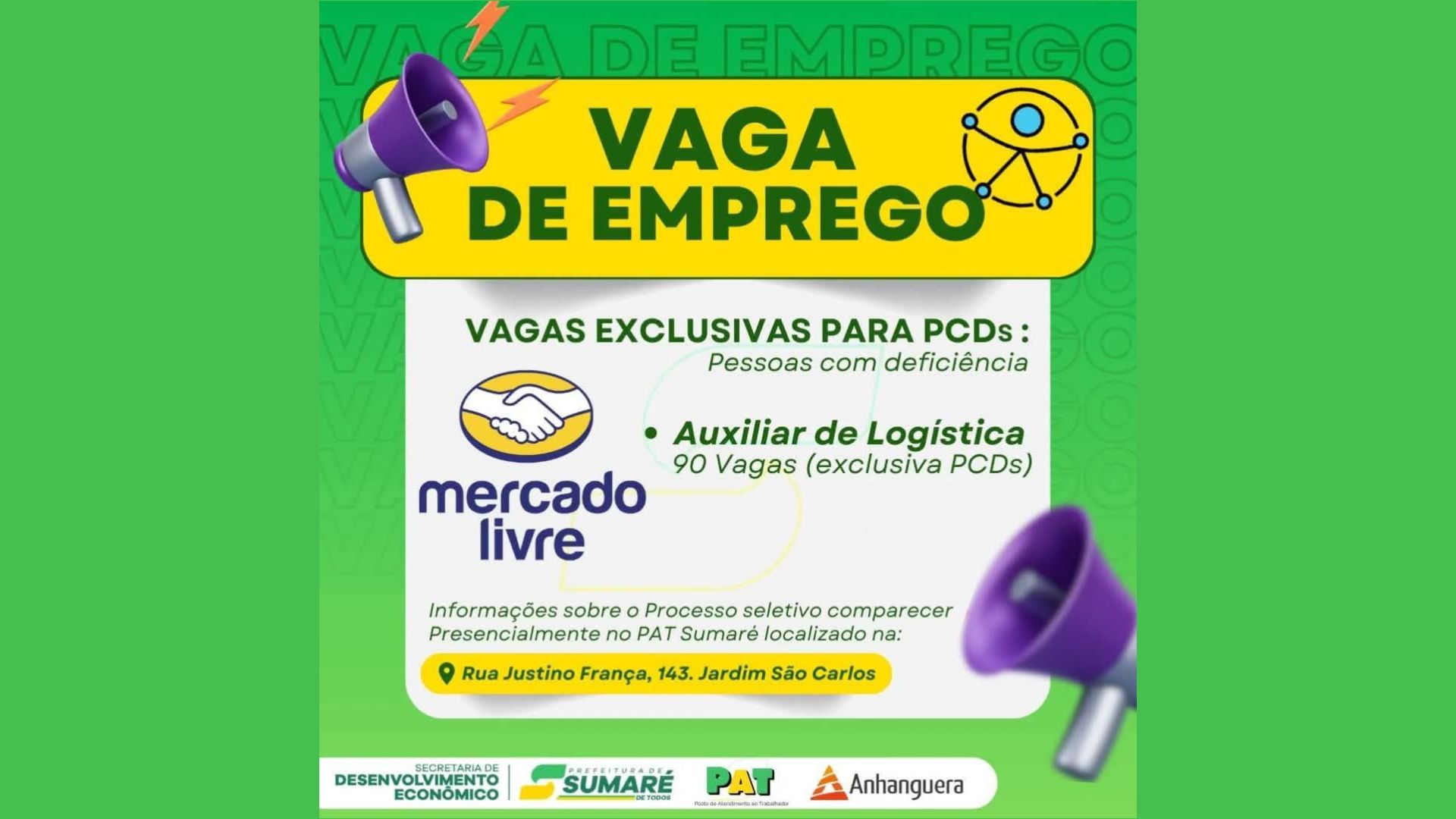 PAT de Sumaré abre 90 vagas para PCDs no Mercado Livre