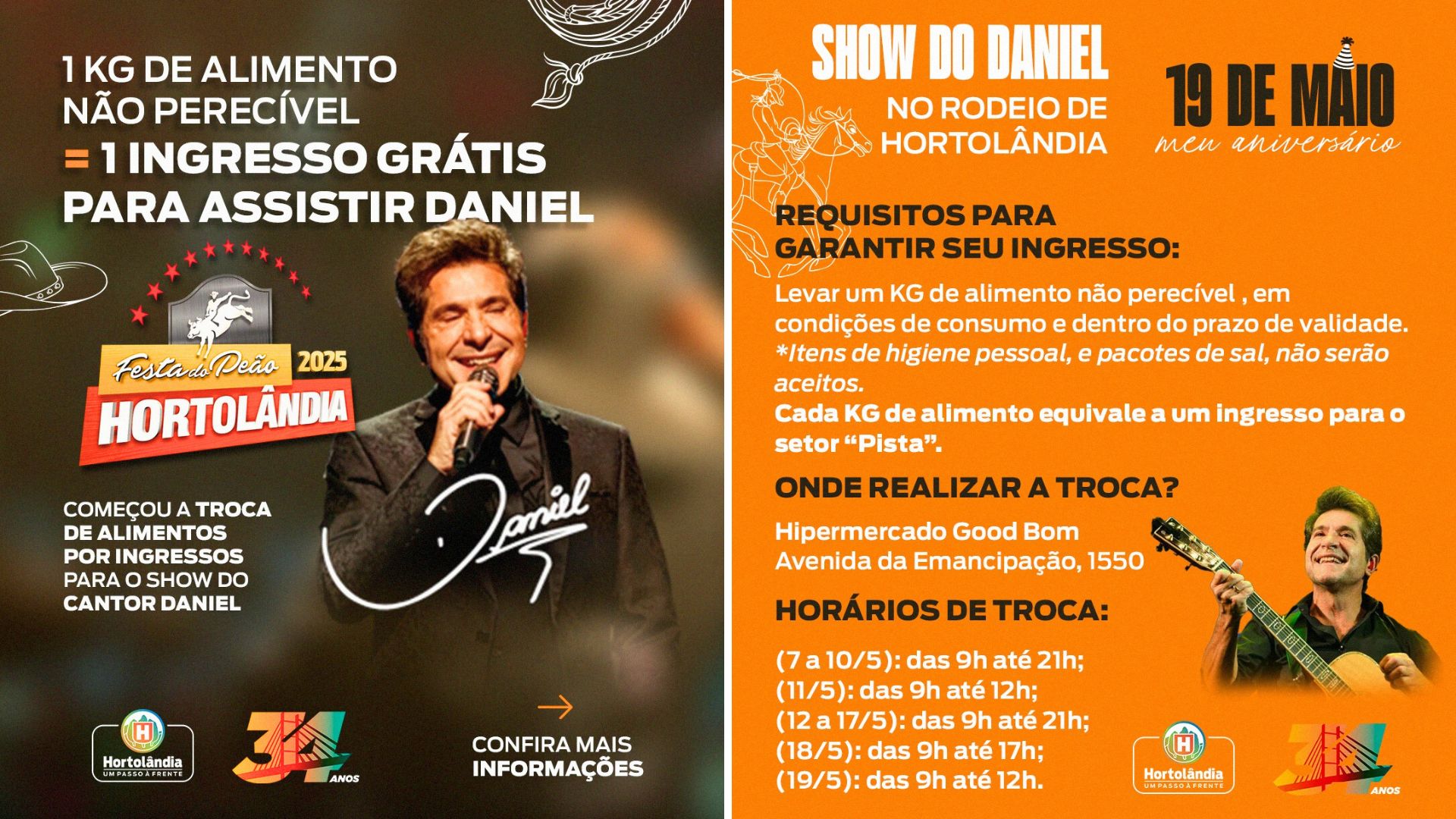 Hortolândia celebra 34 anos com show do cantor Daniel e arrecadação de alimentos em 19/05