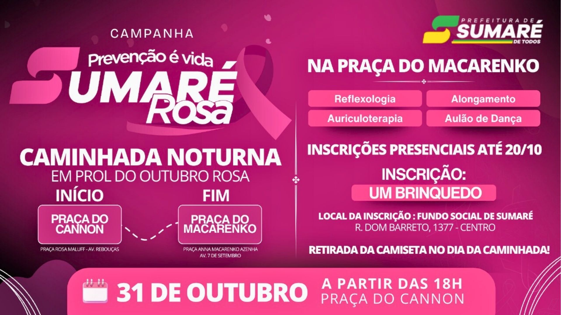 Prefeitura de Sumaré promove Caminhada Noturna do Outubro Rosa
