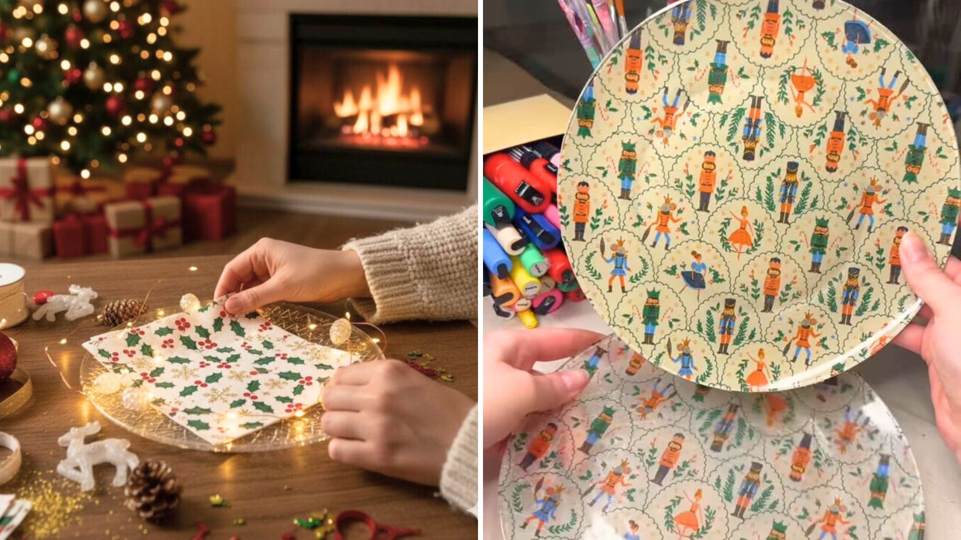 Decoupage de Natal em prato de vidro com tecido ou guardanapo